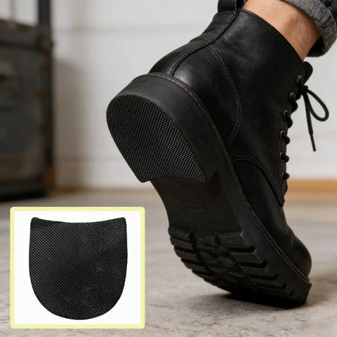 Two Pack Self Adhesive Rubber Heel Patches For Boots And Dress Shoes shown on black boot heel with inset image of patch