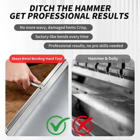 Comparison of sheet metal bending hand tool versus hammer and dolly, highlighting 15.25 Inch Metal Sheet Bender For Standing Seam Roofing Hemming Tool Pro Grade Heavy Duty Folding Tool With Precise 0.02 Inch Bends Compact 38.7 Cm Design For Roofing Panels DIY Metalworking And Fabrication