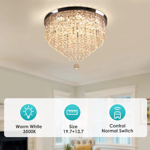 Jaw Dropping 19.7 Inch Crystal LED Flush Mount Ceiling Light With 5 Tier K9 Raindrop Crystals And Chrome Stainless Steel Frame