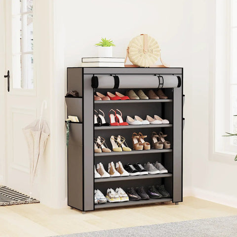 Gray 6 Tier Shoe Rack With Cover, Large Capacity Shoe Organizer For Entryway, showing multiple shoes neatly organized