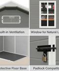 Close-up details of 6x4.4 Ft Resin Outdoor Storage Shed With Floor Lockable Doors And Windows, showing ventilation, window, floor, and lock