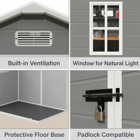 Close-up details of 6x4.4 Ft Resin Outdoor Storage Shed With Floor Lockable Doors And Windows, showing ventilation, window, floor, and lock