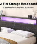 Queen Size Bed Frame With Built In Storage Headboard And Glow Up LED Lighting Featuring Dope Integrated Charging Hub With UL Certified Outlets Usb Type C Ports For Your Fresh Night Owl Bedroom Setup Black showing 2-tier headboard with ambient LED lighting.