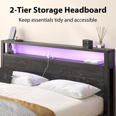 Queen Size Bed Frame With Built In Storage Headboard And Glow Up LED Lighting Featuring Dope Integrated Charging Hub With UL Certified Outlets Usb Type C Ports For Your Fresh Night Owl Bedroom Setup Black showing 2-tier headboard with ambient LED lighting.