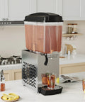 Heavy Duty Stainless Steel Single Tank Commercial Cold Drink Dispenser with transparent tank keeping beverages icy fresh.