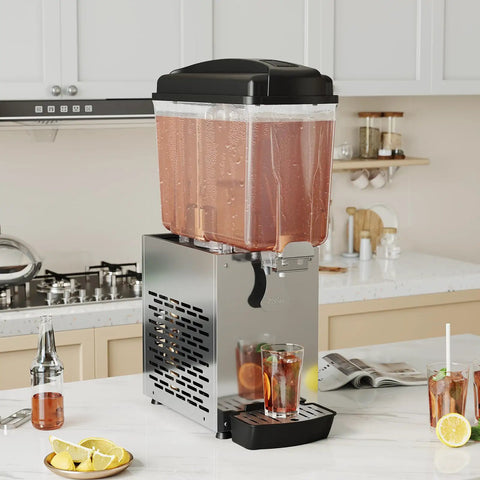 Heavy Duty Stainless Steel Single Tank Commercial Cold Drink Dispenser with transparent tank keeping beverages icy fresh.