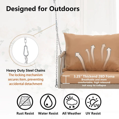 Wicker Porch Swing With Cushioned Seat And Armrests Hangout Ready Outdoor Hanging Swing Bed With Steel Chains All Weather