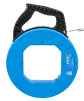 Stainless Steel Fish Tape 240 Feet With Formed Hook And Tuff-Grip Pro Case, Non-Oily Finish, shown in blue case front view