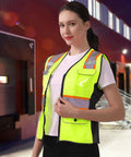 Kickass Hi Vis Safety Vest For Women Snag Free Mesh With Loud Reflective Tape Zip Closure features a woman wearing a yellow vest outdoors.