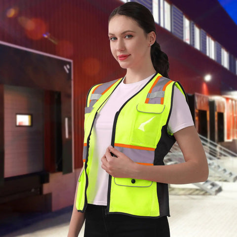 Kickass Hi Vis Safety Vest For Women Snag Free Mesh With Loud Reflective Tape Zip Closure features a woman wearing a yellow vest outdoors.