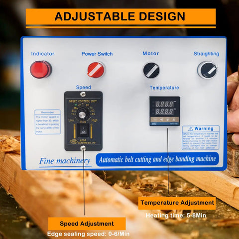 Control panel of Heavy Duty Portable Edge Banding Machine Delivers Tight Seams With Double Side Glue And Adjustable Speed To Handle Tape Cutting With Total Ease And Zero Sweat For Weekend Pros Using Standard 110V Power Setup.