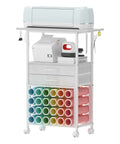 VENNQD organizer and storage cart, front view, white, with Cricut on top, 24 vinyl roll holders and 2 fabric drawers.