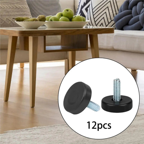 24 Pieces Furniture Levelers With Adjustable Threaded Feet For Wobble Table Legs, Easy Height Adjustment And Wide Bearing Base To Prevent Slips And Floor Scratches, No Fuss Installation For Chairs Cabinets And Wood Furniture. 12pcs black threaded feet under wooden table
