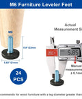 Close-up of 24 Pack M6 Thread Adjustable Furniture Levelers Feet and caliper measurement, showing screw in leveling glide for tables and chairs.