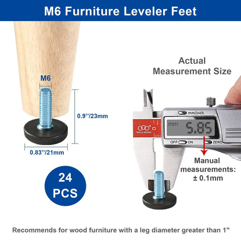 Close-up of 24 Pack M6 Thread Adjustable Furniture Levelers Feet and caliper measurement, showing screw in leveling glide for tables and chairs.