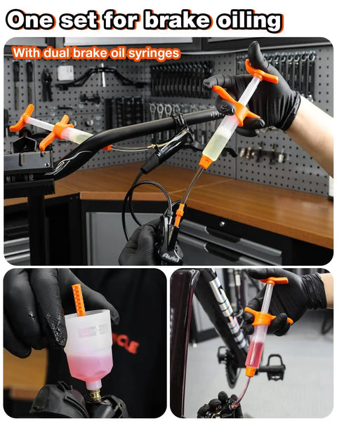 Hydraulic Bike Brake Bleed Kit For Shimano, SRAM, Tektro, And Magura using dual syringes in a workshop setting.