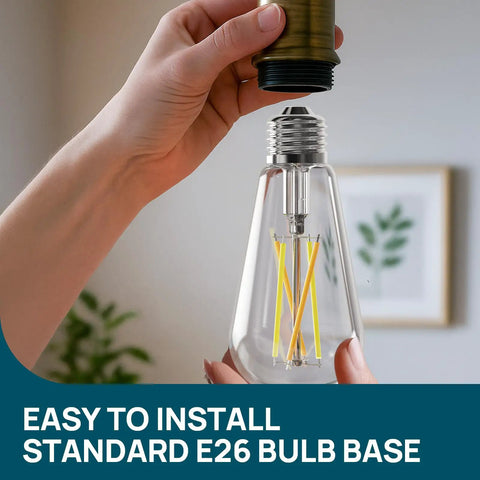 Person holding Vintage Edison Style WiFi Bulbs 2700K To 6500K Tunable White, Dimmable 8W LED showing E26 bulb base installation