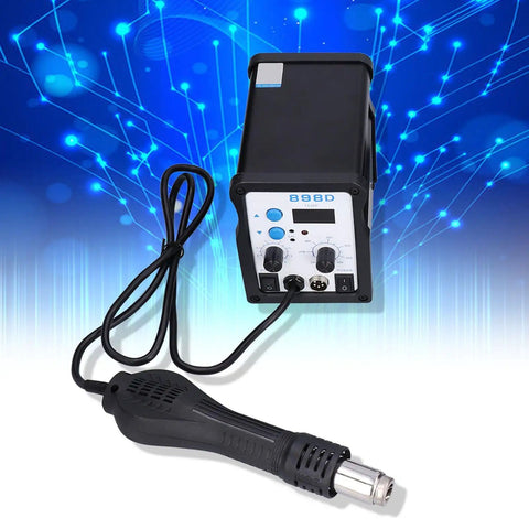 Pro Grade Digital Hot Air Rework Station 898D with adjustable temperature and airflow series 750W on digital background