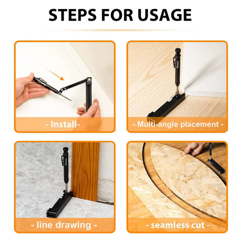 Steps showing Multi-Function Scribing Tool For Woodworking And DIY Projects, including installation and cutting.