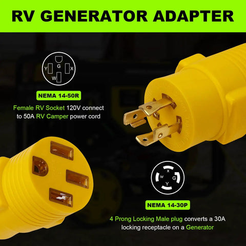 Heavy Duty Nema L14-30P To 14-50R RV Generator Adapter With 30 Amp Locking Plugs, yellow plugs shown, ideal for RV power connections.