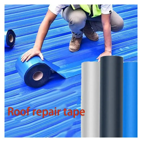Person applying blue waterproof heat insulation tape for roof repair self adhesive leakproof crack sealing tape, shown in close-up.
