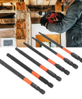 6 Piece Heavy Duty Black Impact Driver Bit Set With Mighty Magnets For 1/4 Inch Hex Shank, Tough High Carbon Steel Cross Bits Perfect For Furniture Building And Car Mechanic Repairs That Hold Tight. Six black magnetic driver bits with orange collars, shown with impact drill use.