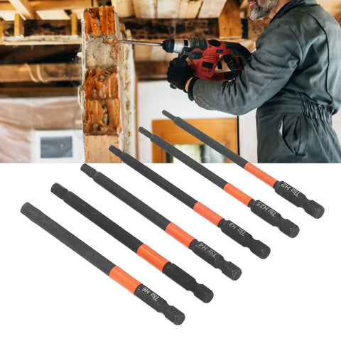 6 Piece Heavy Duty Black Impact Driver Bit Set With Mighty Magnets For 1/4 Inch Hex Shank, Tough High Carbon Steel Cross Bits Perfect For Furniture Building And Car Mechanic Repairs That Hold Tight. Six black magnetic driver bits with orange collars, shown with impact drill use.