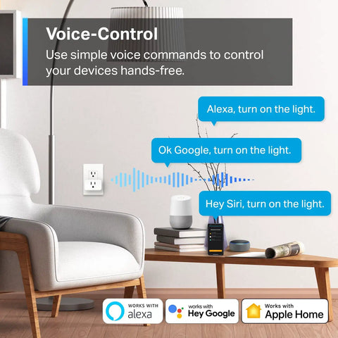 Living room with HomeKit Smart Plug Mini, 15A/1800W, Quick Setup, Works With Siri, Alexa And Google Home, UL Certified, plug in use