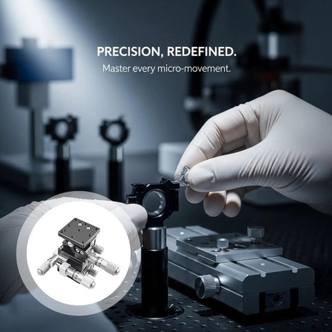 Technician using Three Axis Linear Stage for crisp, dope precision positioning with a 2.4 by 2.4 inch table in lab setup.