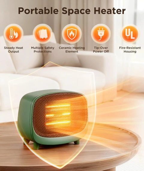 Keep You Toasty Anywhere with This Compact Tabletop 900W PTC Space Heater for Indoor Use shown on a table.