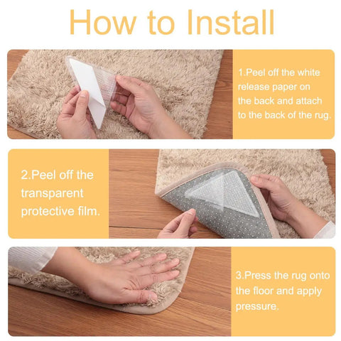 Step-by-step installation of Triangular Anti Slip Rug Grippers For Flat Rugs Reusable And Washable Clear 8 Pack on hardwood floor