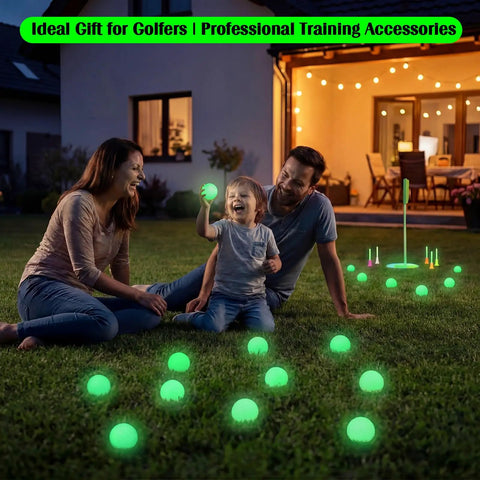 Family playing in backyard with Glow In The Dark Golf Practice Ball Set With 20 Glow Balls And 20 Rubber Tees 42 Point 6 Mm Size