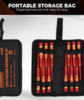 1000V Insulated Electrician Screwdriver Set With Magnetic Tips And Rotatable Top Cap, open portable storage bag