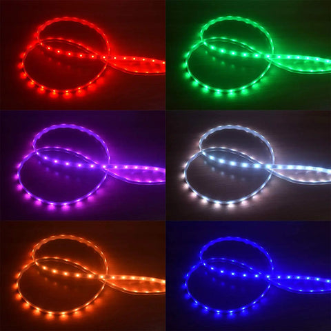 70ft Waterproof 24V RGB LED Strip Lights With WiFi App Control And Alexa Voice Music Sync showing color variations in red, green, blue