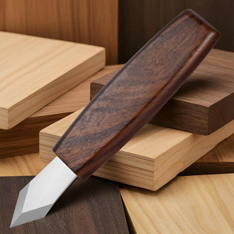 Dual Beveled Wood Marking Knife With Bombproof Beech Handle And Hella Sharp Vanadium Steel Core resting on assorted wood pieces.