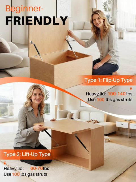 Heavy Duty 17 Inch Gas Struts Twin Pack With L Type Mounts for easy lift of wooden lid by a woman, shows 100 lb capacity