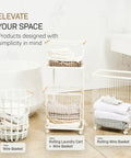 Rolling Wire Laundry Hamper With Wood Accent in a bathroom setting, showing durable steel frame and wood handles.