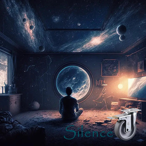 5 Inch Heavy Duty Caster Wheels Set Of 4 With Brakes Up To 3000 Lbs Per Wheel Swivel TPR Rubber Silent Castors in a room