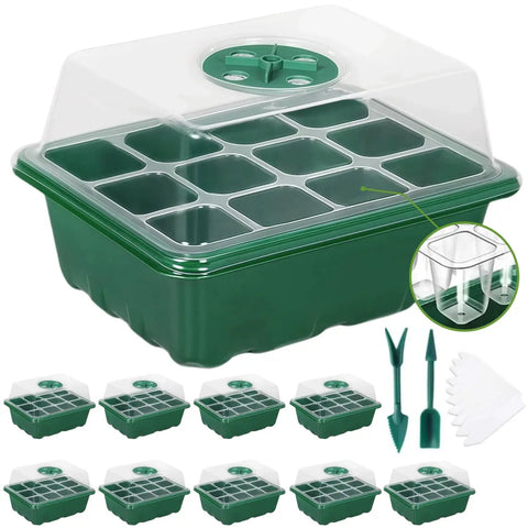 10 Pack Seed Starter Tray Kit With Humidity Dome 120 Cell Trays For Germination And Seedlings Clear lid and green base