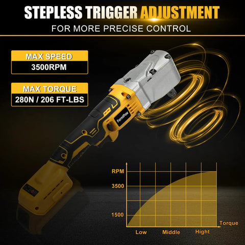 Heavy Duty Right Angle Impact Wrench Compatible With Dewalt 20V Max Cordless showing precise trigger control and torque info.
