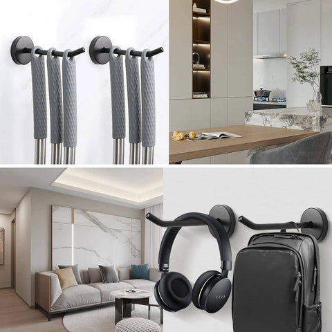 Heavy Duty 304 Stainless Steel Wall Mount Coat Hooks 6 Pack Matte Black Long Nose Design displayed in various home settings