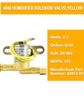Front view of brass 4040 humidifier solenoid valve with yellow wire, 24V/2.3W, mounting tabs