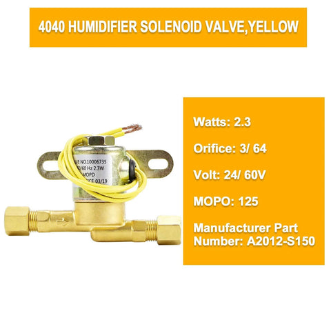 Front view of brass 4040 humidifier solenoid valve with yellow wire, 24V/2.3W, mounting tabs