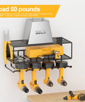Power Tool Organizer Wall Mount Rack For Garage And Workshop with drills and battery storage shown mounted on a wall.