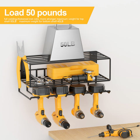 Power Tool Organizer Wall Mount Rack For Garage And Workshop with drills and battery storage shown mounted on a wall.