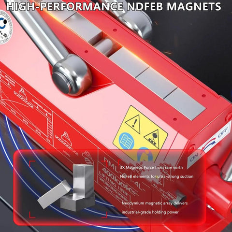 Heavy Duty Permanent Magnetic Lifter With Rock Solid Grip, 2200 Lb Plate Magnet For Crane And Workshop Rigging, No Sweat Neodymium Steel Handler For Your Daily Grind close-up, showcasing NdFeB magnets and lift mechanism.