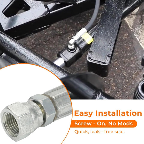 Installed hydraulic hose kit with metal fittings on a snow plow frame (1/4x42 & 1/4x16 hoses).