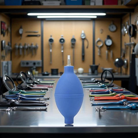 Blue Rubber Soft Cleaning Tool For Wristwatch Parts On The Go, Dust Air Blower Pump on a workbench, pocket size