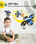 Indoor Nano Drone For Kids And Beginners With Auto Hover And Toss To Launch Circle Fly And 3D Flips Headless Mode Altitude Hold in blue, performing a 360° flip indoors with a child watching.
