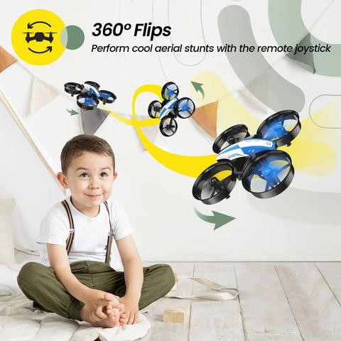 Indoor Nano Drone For Kids And Beginners With Auto Hover And Toss To Launch Circle Fly And 3D Flips Headless Mode Altitude Hold in blue, performing a 360° flip indoors with a child watching.
